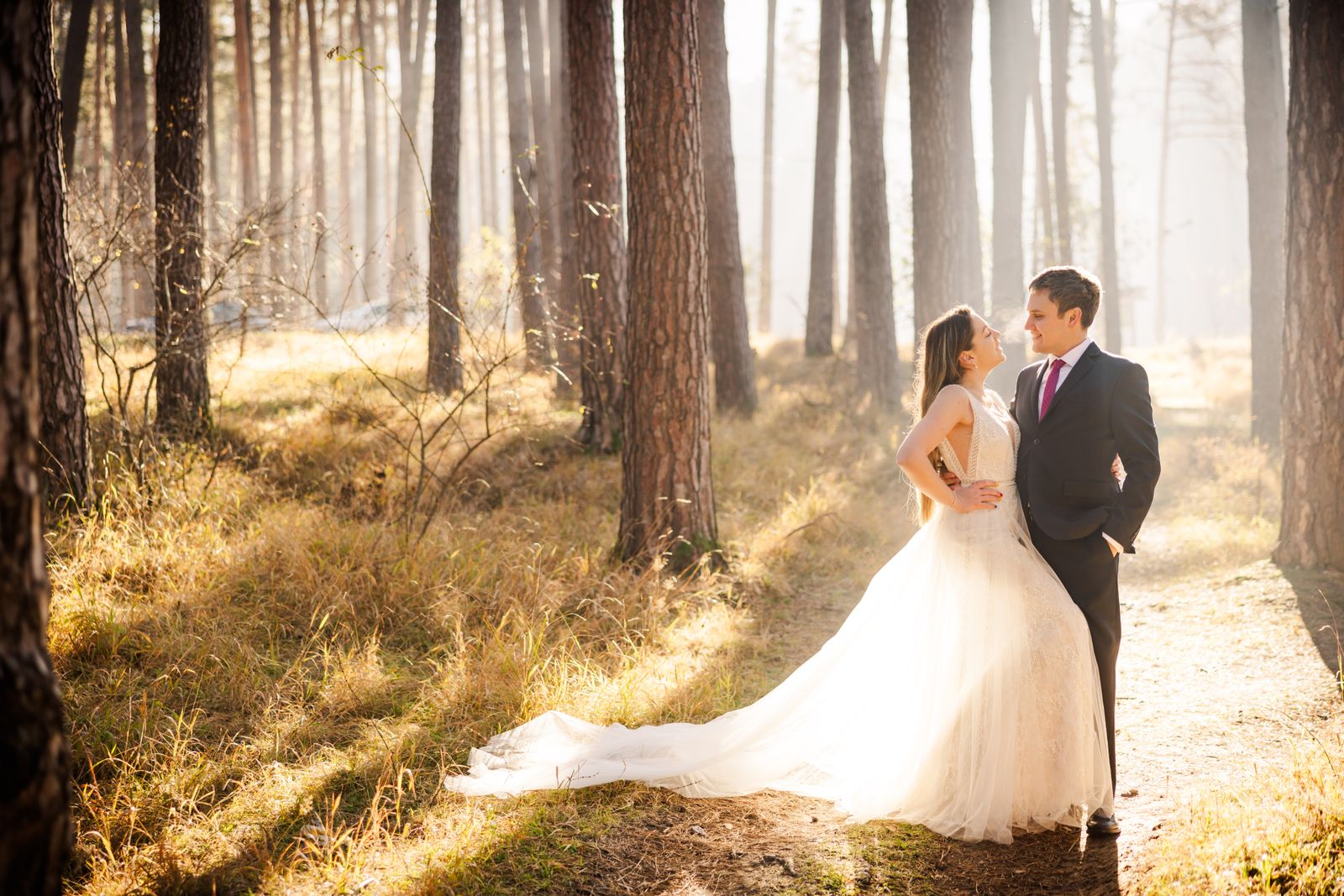 A couple in a sunlit forest